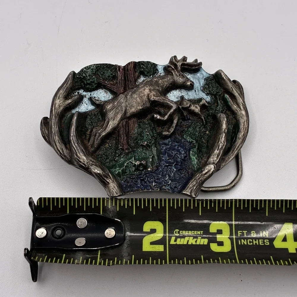 Vintage 1982 The Great American Buckle Deer Fawn Jumping Forest Belt Buckle USA